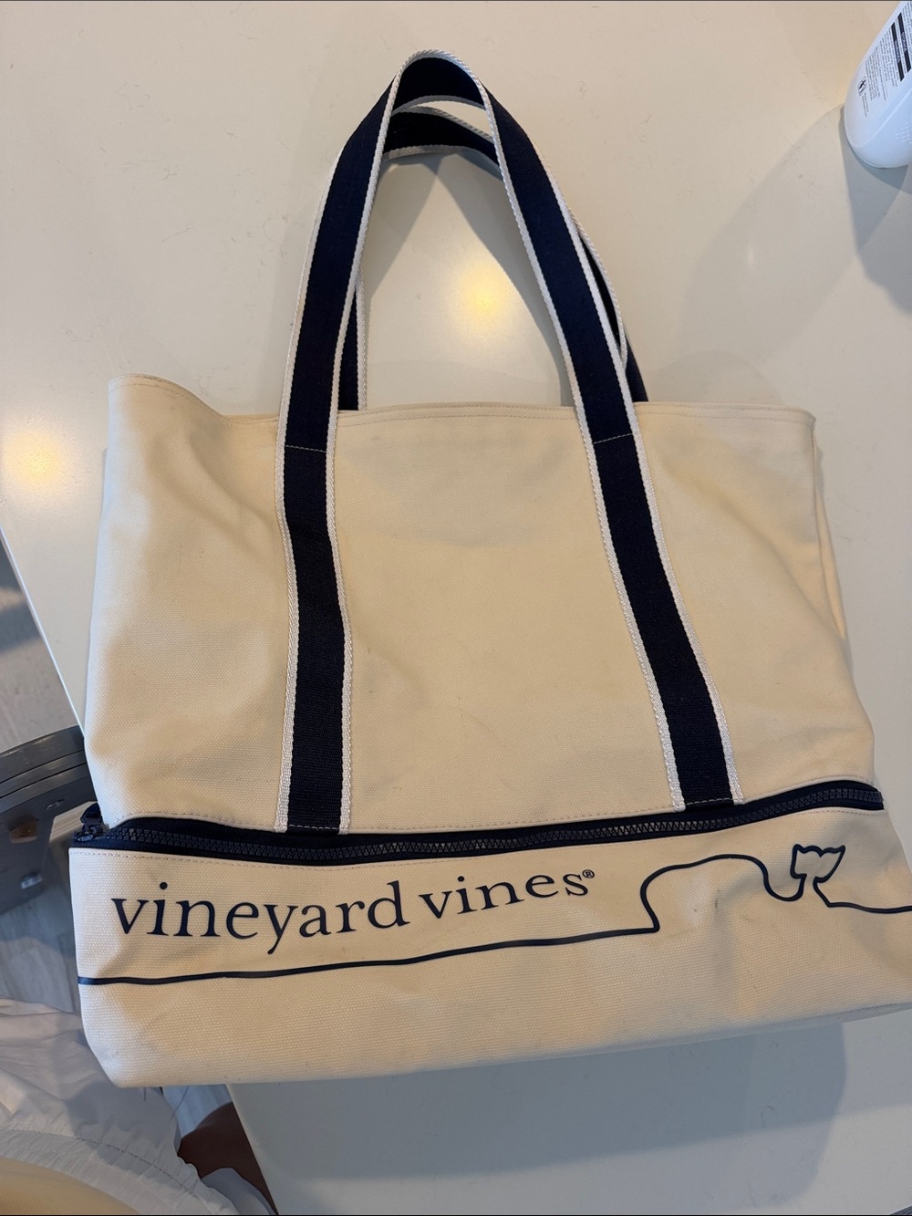 Vineyard Vines Cream and Navy Canvas Tote